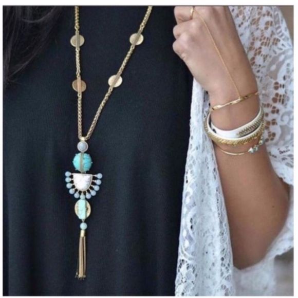 EUC Stella & Dot Totem Tassel Necklace Turquoise Gold - Picture 6 of 13